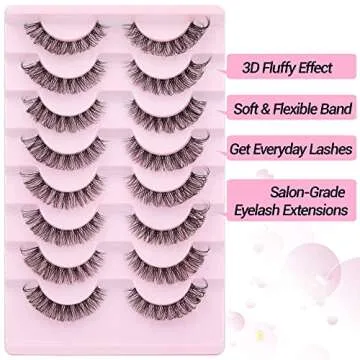 Russian Strip Lashes Natural Look Cat Eye Style with Clear Band 8 Pairs Fluffy Wispy 3D Effect False Eyelashes Thin Volume Fake Lashes Pack By GVEFETIEE