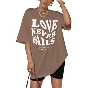 SAFRISIOR Women’s Love Never Fails Letter Graphic Print Tee Top Oversized Drop Shoulder Short Sleeve T Shirt Pullover Blouse Coffee