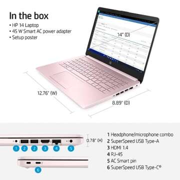 HP Portable Laptop (Include 1 Year Microsoft 365), 14’’ HD Display, 16GB RAM, 64GB eMMC, Intel Quad-Core N4120, Student and Business, Webcam, HDMI, Wi-Fi, RJ-45, Windows 11 Home, Pink