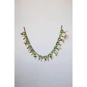 Creative Co-Op Wool Felt Pendant Banner with Holly "Merry Christmas", Red, Cream, and Green