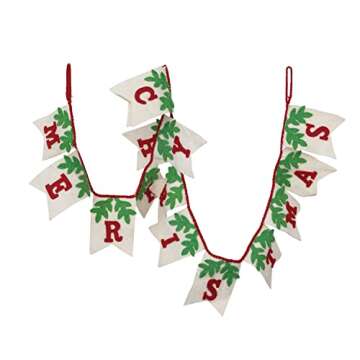 Creative Co-Op Wool Felt Pendant Banner with Holly "Merry Christmas", Red, Cream, and Green