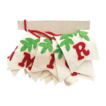 Creative Co-Op Wool Felt Pendant Banner with Holly "Merry Christmas", Red, Cream, and Green