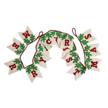 Creative Co-Op Wool Felt Pendant Banner with Holly "Merry Christmas", Red, Cream, and Green