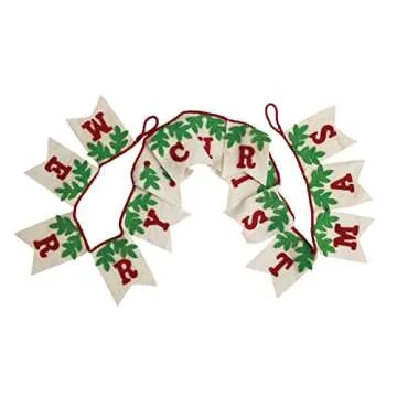 Creative Co-Op Wool Felt Pendant Banner with Holly "Merry Christmas", Red, Cream, and Green