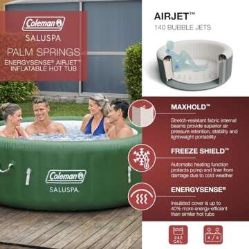 Coleman Palm Springs EnergySense AirJet Inflatable Hot Tub Spa (77" x 28") | Portable Hot Tub with 2 Covers (1 Energy-Efficient Thermal Cover and 1 Standard Cover) | Fits Up to 4-6 Persons | Green