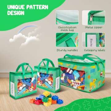 5 Pack Toy Storage Bags with Labels, Include 1 Pcs Extra Large and 4 Pcs Large Bags, Portable Toy Storage Organizer with Pattern Design for Organizing Board Game, Building Blocks, Puzzle, Kids Books