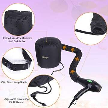 Bonnet Hood Hair Dryer Attachment, Anmyox Hooded Hair Dryer Home Hair Drying Cap for Styling,Curling and Hair Deep Conditioning,Adjustable Large Soft Bonnet for Hand-held Blowing Hair Dryers.