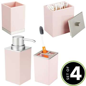 mDesign Plastic Bathroom Vanity Countertop Accessory Set - Includes,Soap Dispenser, Toothbrush Holder, Lidded Canister, Tumbler Rinsing Cup; Lumiere Collection - Set of 4 - Light Pink/Brushed Chrome