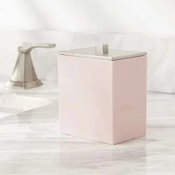 mDesign Plastic Bathroom Vanity Countertop Accessory Set - Includes,Soap Dispenser, Toothbrush Holder, Lidded Canister, Tumbler Rinsing Cup; Lumiere Collection - Set of 4 - Light Pink/Brushed Chrome