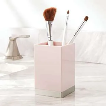 mDesign Plastic Bathroom Vanity Countertop Accessory Set - Includes,Soap Dispenser, Toothbrush Holder, Lidded Canister, Tumbler Rinsing Cup; Lumiere Collection - Set of 4 - Light Pink/Brushed Chrome