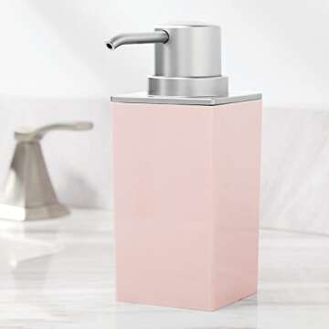 mDesign Plastic Bathroom Vanity Countertop Accessory Set - Includes,Soap Dispenser, Toothbrush Holder, Lidded Canister, Tumbler Rinsing Cup; Lumiere Collection - Set of 4 - Light Pink/Brushed Chrome