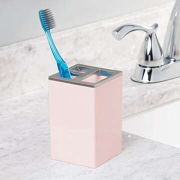 mDesign Plastic Bathroom Vanity Countertop Accessory Set - Includes,Soap Dispenser, Toothbrush Holder, Lidded Canister, Tumbler Rinsing Cup; Lumiere Collection - Set of 4 - Light Pink/Brushed Chrome