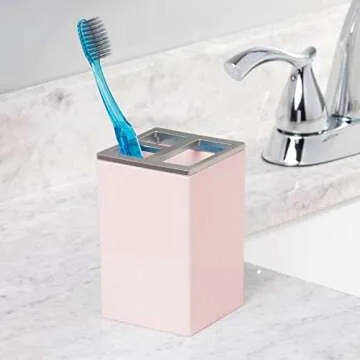 mDesign Plastic Bathroom Vanity Countertop Accessory Set - Includes,Soap Dispenser, Toothbrush Holder, Lidded Canister, Tumbler Rinsing Cup; Lumiere Collection - Set of 4 - Light Pink/Brushed Chrome