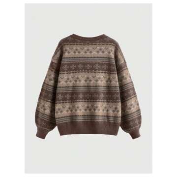 MakeMeChic Women's Vintage Sweater Geo Pattern Striped Crew Neck Long Sleeve Drop Shoulder Knit Pullovers Multicolor B Large