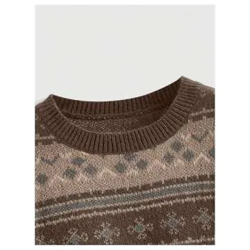 MakeMeChic Women's Vintage Sweater Geo Pattern Striped Crew Neck Long Sleeve Drop Shoulder Knit Pullovers Multicolor B Large