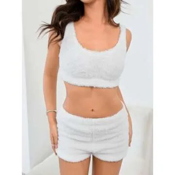 SweatyRocks Women's Fuzzy Pajamas Set Crop Tank Top with Shorts Loungewear White L