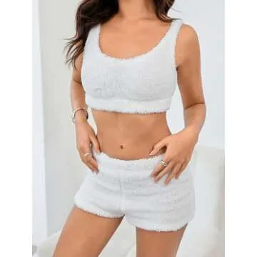 SweatyRocks Women's Fuzzy Pajamas Set Crop Tank Top with Shorts Loungewear White L