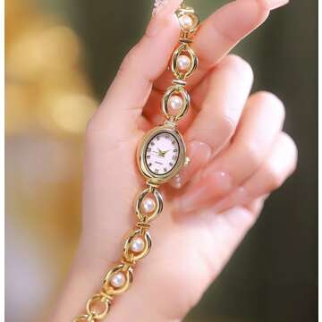 ADSBIAOYE Elegant Pearl Women's Dress Watch Fashion Oval dial Watch Gift Women's Watch Waterproof Watch (Gold)