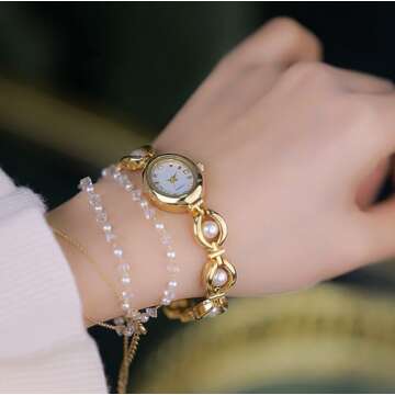 ADSBIAOYE Elegant Pearl Women's Dress Watch Fashion Oval dial Watch Gift Women's Watch Waterproof Watch (Gold)