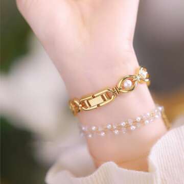 ADSBIAOYE Elegant Pearl Women's Dress Watch Fashion Oval dial Watch Gift Women's Watch Waterproof Watch (Gold)