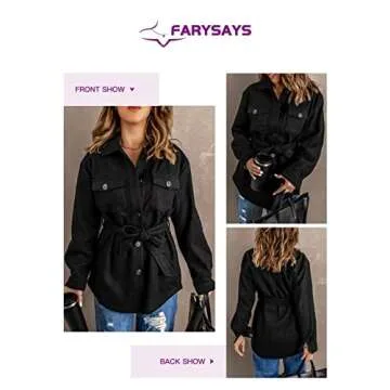 FARYSAYS Women Shacket Jacket Fashion 2022 Fall Winter Business Casual Button Down Shirt Flannel Trench Coat Black Large