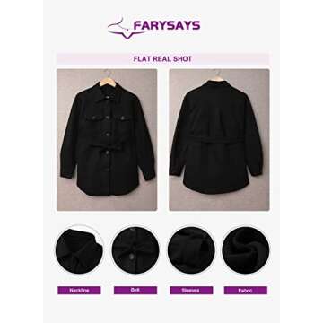 FARYSAYS Women Shacket Jacket Fashion 2022 Fall Winter Business Casual Button Down Shirt Flannel Trench Coat Black Large