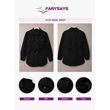 FARYSAYS Women Shacket Jacket Fashion 2022 Fall Winter Business Casual Button Down Shirt Flannel Trench Coat Black Large