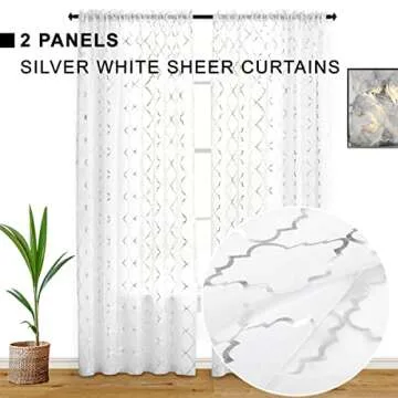 Kotile Silver White Sheer Curtains 108 Inch Length 2 Panels Shimmer Moroccan Extra Long Metallic She...