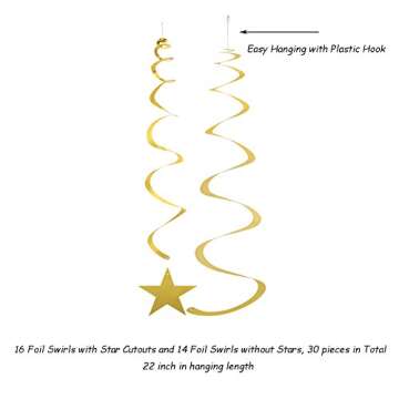 Gold Twinkle Stars Swirls Decorations Shiny Metallic Hanging Decorations Foil Stars Garland Wedding Favors Birthday Baby Shower Party Decorations, 30 pcs