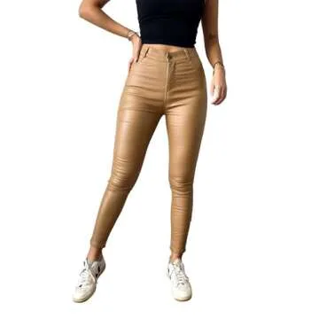 Faux Leather Pants for Women, Straight Leg Butt Lift Elastic Pants with 4 Pockets Brown Small