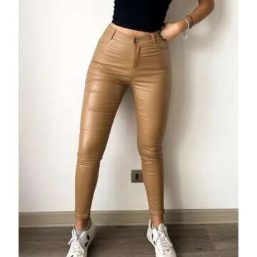Faux Leather Pants for Women, Straight Leg Butt Lift Elastic Pants with 4 Pockets Brown Small