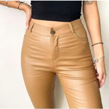 Faux Leather Pants for Women, Straight Leg Butt Lift Elastic Pants with 4 Pockets Brown Small