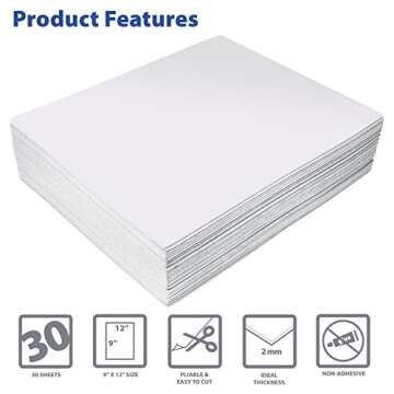 Better Office Products White EVA Foam Sheets, 30 Pack, 2mm Thick, 9 x 12 Inch, White Color, for Arts and Crafts, 30 Sheets Bulk Pack