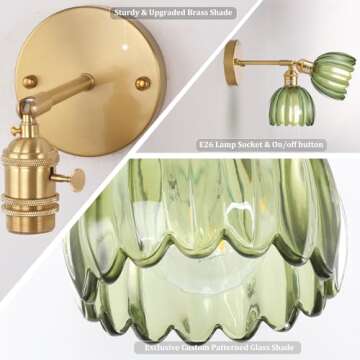 Shenmoyl Vintage Wall Sconces with Green Tulip Glass Lampshade 180 Degree Adjustable Brass Sconces Hradwired Modern Wall Lighting Fixture with Switch for Bedside Bedroom Doorway