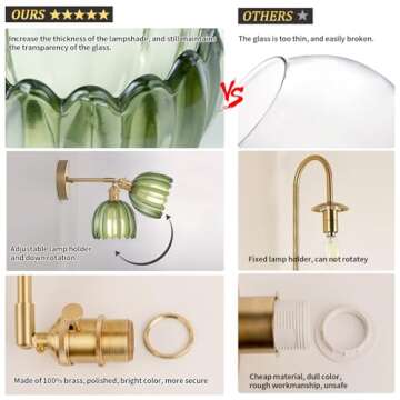 Shenmoyl Vintage Wall Sconces with Green Tulip Glass Lampshade 180 Degree Adjustable Brass Sconces Hradwired Modern Wall Lighting Fixture with Switch for Bedside Bedroom Doorway