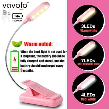 VAVOFO Rechargeable Book Light for Reading in Bed Kids, 7 LED Reading Light with 9-Level Warm Cool White Daylight, Eye Care Lamp with Power Indicator for Bookworms (Pink)