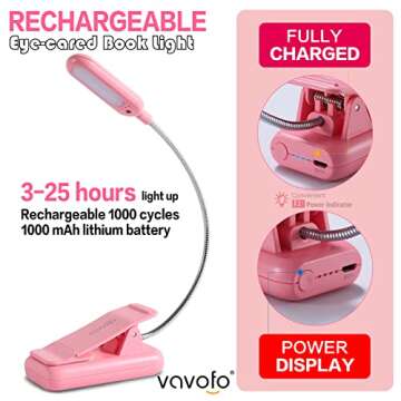 VAVOFO Rechargeable Book Light for Reading in Bed Kids, 7 LED Reading Light with 9-Level Warm Cool White Daylight, Eye Care Lamp with Power Indicator for Bookworms (Pink)