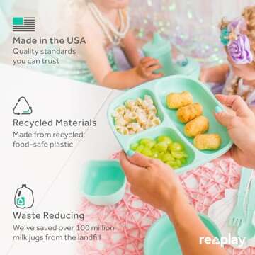 Re-Play Made in USA Deep Walled 3 Compartment Plates - Durable Toddler Plates, Pack of 6 in Meadow