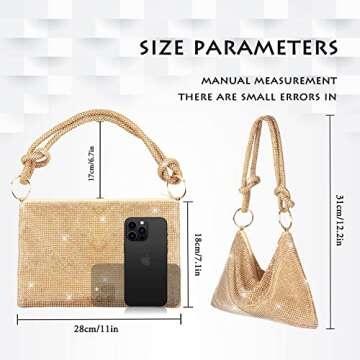 AOYUNHUI Rhinestone Hobo Bag for Women Shoulder Handbags Evening Purse for Wedding Prom Reunion-Gold