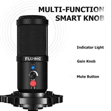FURINE USB Streaming Microphone with Ring Light for PC, Gaming Mic with Boom Arm, 192kHz/24bit Professional USB C/A Condenser Mic for Podcast Recording on YouTube, Twitch or Zoom