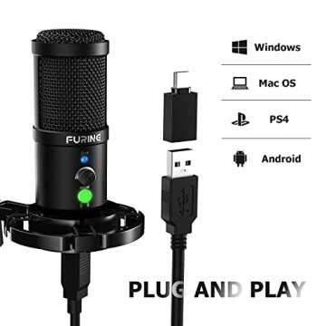 FURINE USB Streaming Microphone with Ring Light for PC, Gaming Mic with Boom Arm, 192kHz/24bit Professional USB C/A Condenser Mic for Podcast Recording on YouTube, Twitch or Zoom