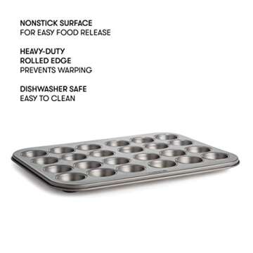 Cooking Light Mini Muffin Pan Carbon Steel Quick Release Coating, Non-Stick Bakeware, Heavy Duty Performance, 24-Cup, Gray