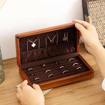 LIBOLXSP Jewelry Box Solid Wood Jewelry Organizer Box for Multiple Rings Cufflinks Earrings Portable Travel Storage Rings Case Wooden Holders Vintage Gift for Women Valentine Mother's Day - Large