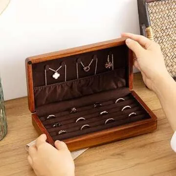 LIBOLXSP Jewelry Box Solid Wood Jewelry Organizer Box for Multiple Rings Cufflinks Earrings Portable Travel Storage Rings Case Wooden Holders Vintage Gift for Women Valentine Mother's Day - Large