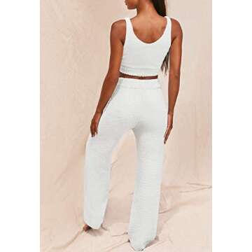 Fixmatti Women Lounge Set 3 Piece Fuzzy Fleece Crop Tops and Pants Open Front Cardigan Pajama Set White M
