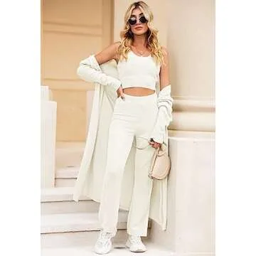 Fixmatti Women Lounge Set 3 Piece Fuzzy Fleece Crop Tops and Pants Open Front Cardigan Pajama Set White M