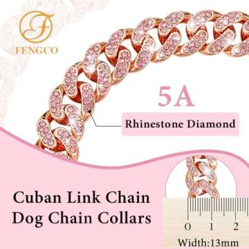 Rosegold Dog Chain Collar Diamond Cuban Link Dog Collar 13mm Wide Dog Necklace Metal Cat Chain Pet Crystal Collar Jewelry Accessories for Small Medium Large Dogs Cats(10inch)