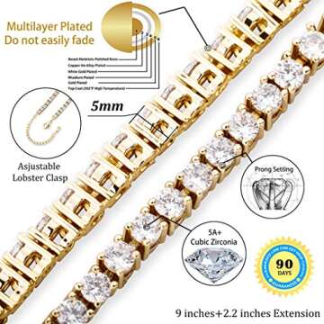 TOPGRILLZ 3-6mm Tennis Chain Anklet with Extension Bracelet for Women, 14K Gold Plated CZ Diamond Fa...