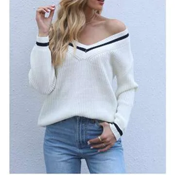 ForeFair Women’s Casual Long Sleeve V Neck Pullover Sweater