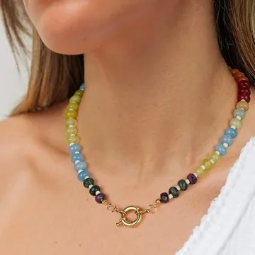 KissYan Beaded Gemstone Necklace for Women, Colorful Boho Bead Choker Natural Stone Surfer Beach Necklaces 14K Gold Plated Summer Handmade Jewelry(B23)